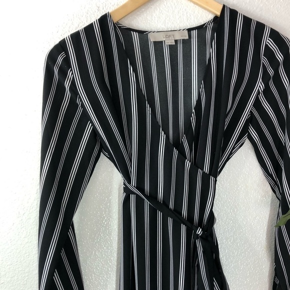 PETITE Loft Black And White Striped Wrap Dress - Picture 2 of 6